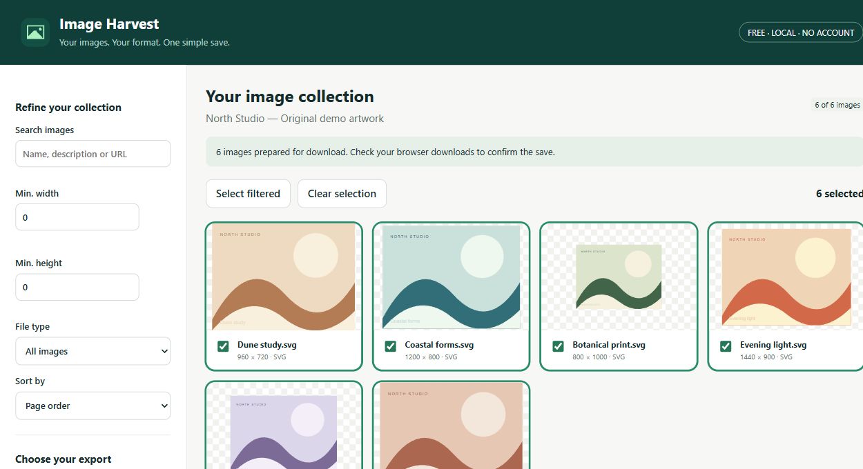 Image Harvest workspace with original demonstration content